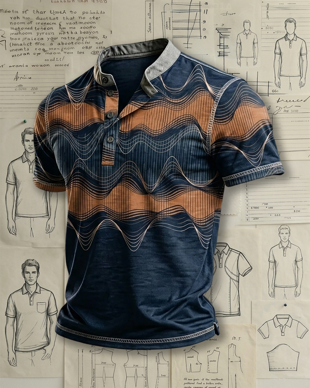 Men's Navy & Caramel Abstract Wavy Stripe Print Relaxed Fit Retro Casual Short Sleeve Contrast Collar Henley Polo Shirt