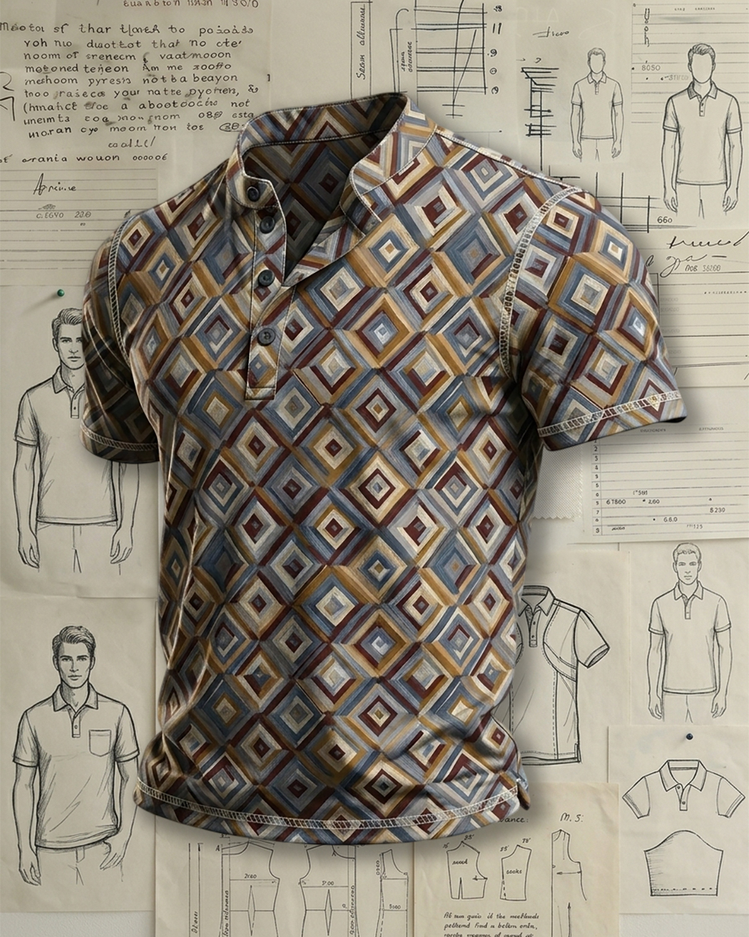 Men's Multicolor Gradient Diamond Geometric Print Slim Fit Vintage Retro Casual Short Sleeve Stand Collar Henley Polo Shirt