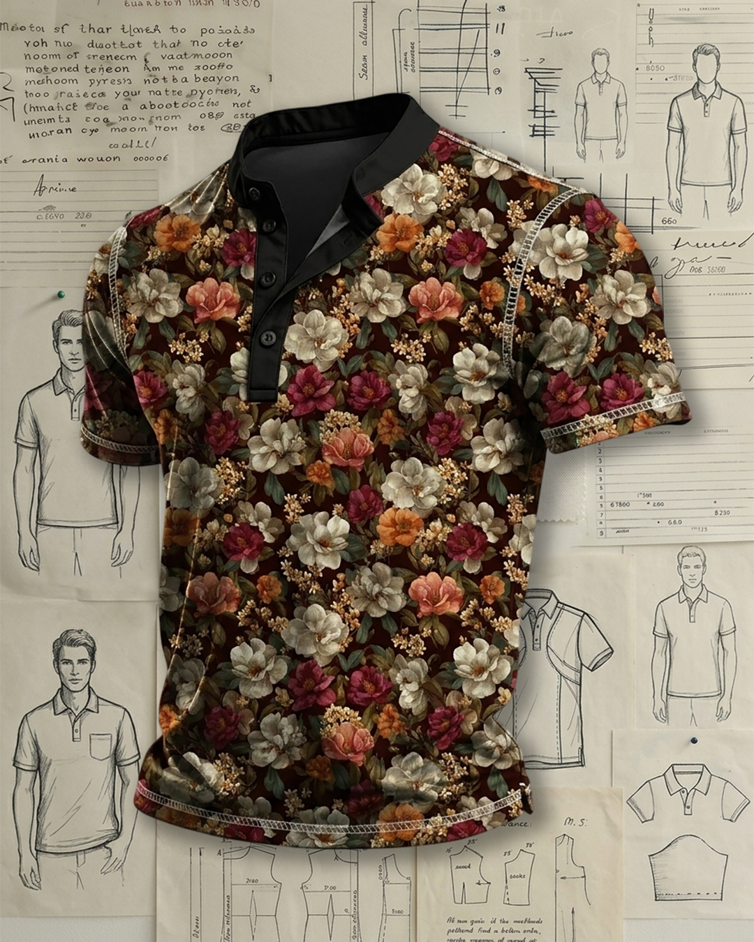 Men's Dark Brown Mixed Floral Print Regular Fit Vintage Vacation Casual Short Sleeve Contrast Collar Polo Shirt