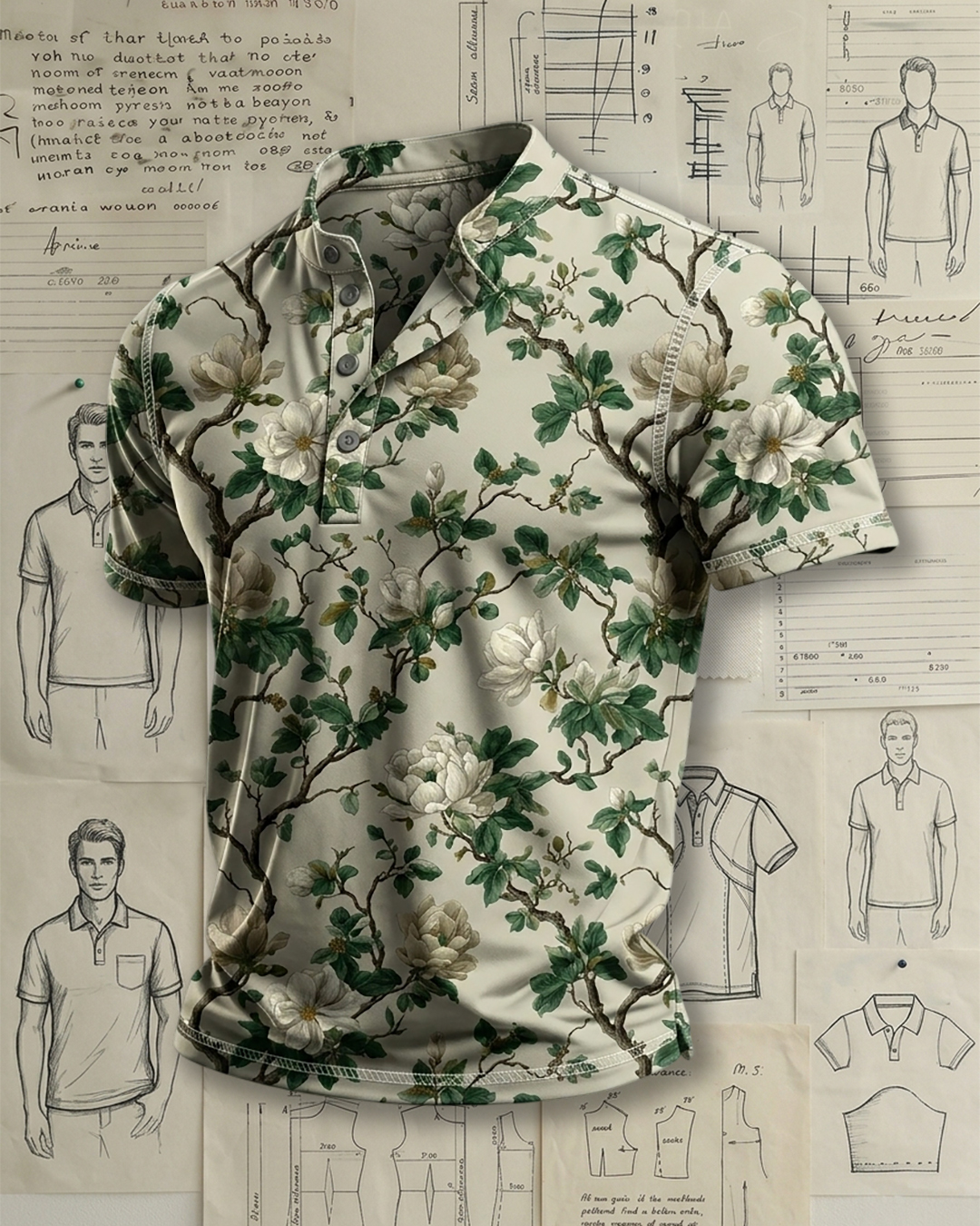 Men's Light Beige Magnolia Branch Floral Print Regular Fit Retro Vacation Casual Short Sleeve Stand Collar Henley Polo Shirt