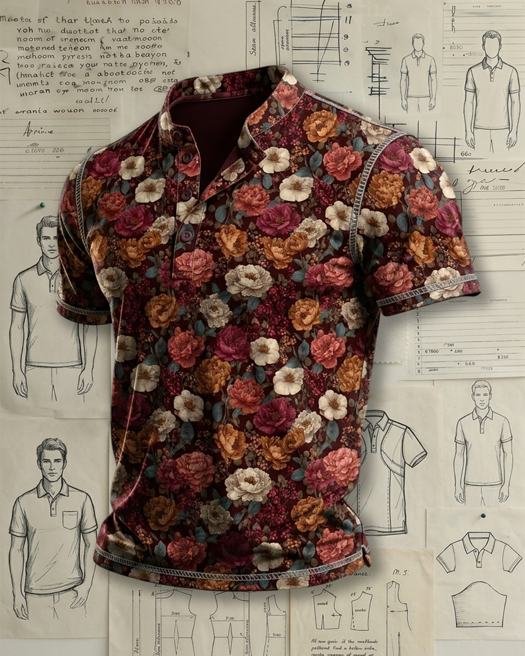 Men's Burgundy Mixed Bloom Floral Print Slim Fit Retro Vacation Casual Short Sleeve Stand Collar Henley Polo Shirt