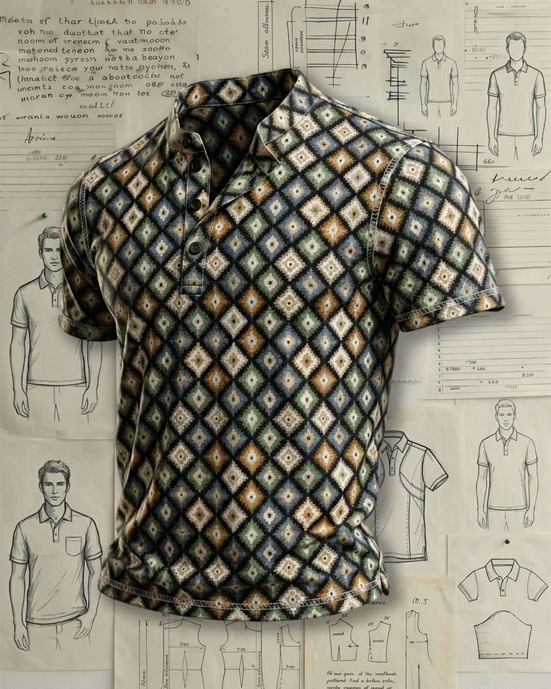 Men's Multicolor Ethnic Diamond Geometric Print Regular Fit Vintage Casual Short Sleeve Stand Collar Polo Shirt