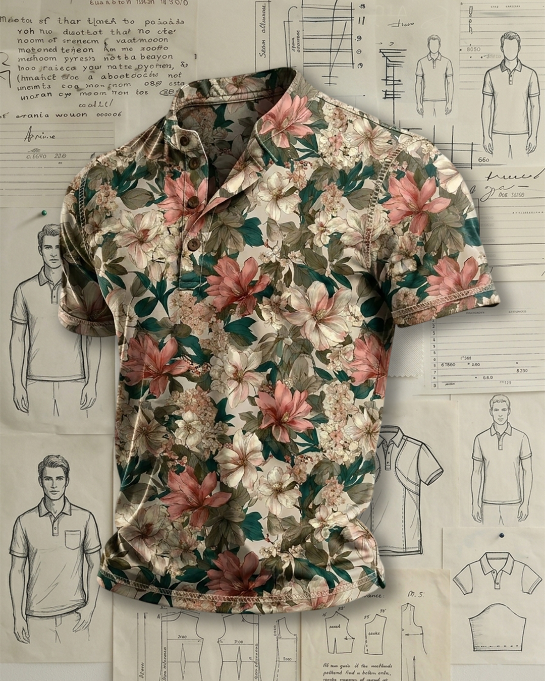 Men's Off-white Pink Bloom Mixed Floral Print Regular Fit Vacation Casual Short Sleeve Stand Collar Henley Polo Shirt
