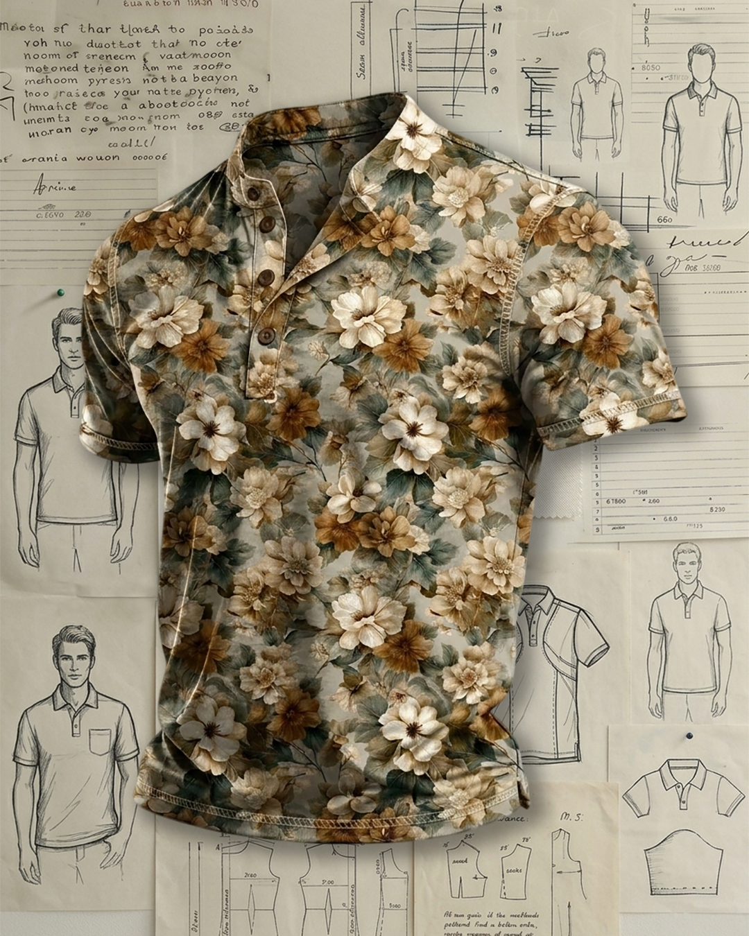 Men's Light Khaki Warm Beige Floral Print Slim Fit Vintage Vacation Casual Short Sleeve Stand Collar Henley Polo Shirt