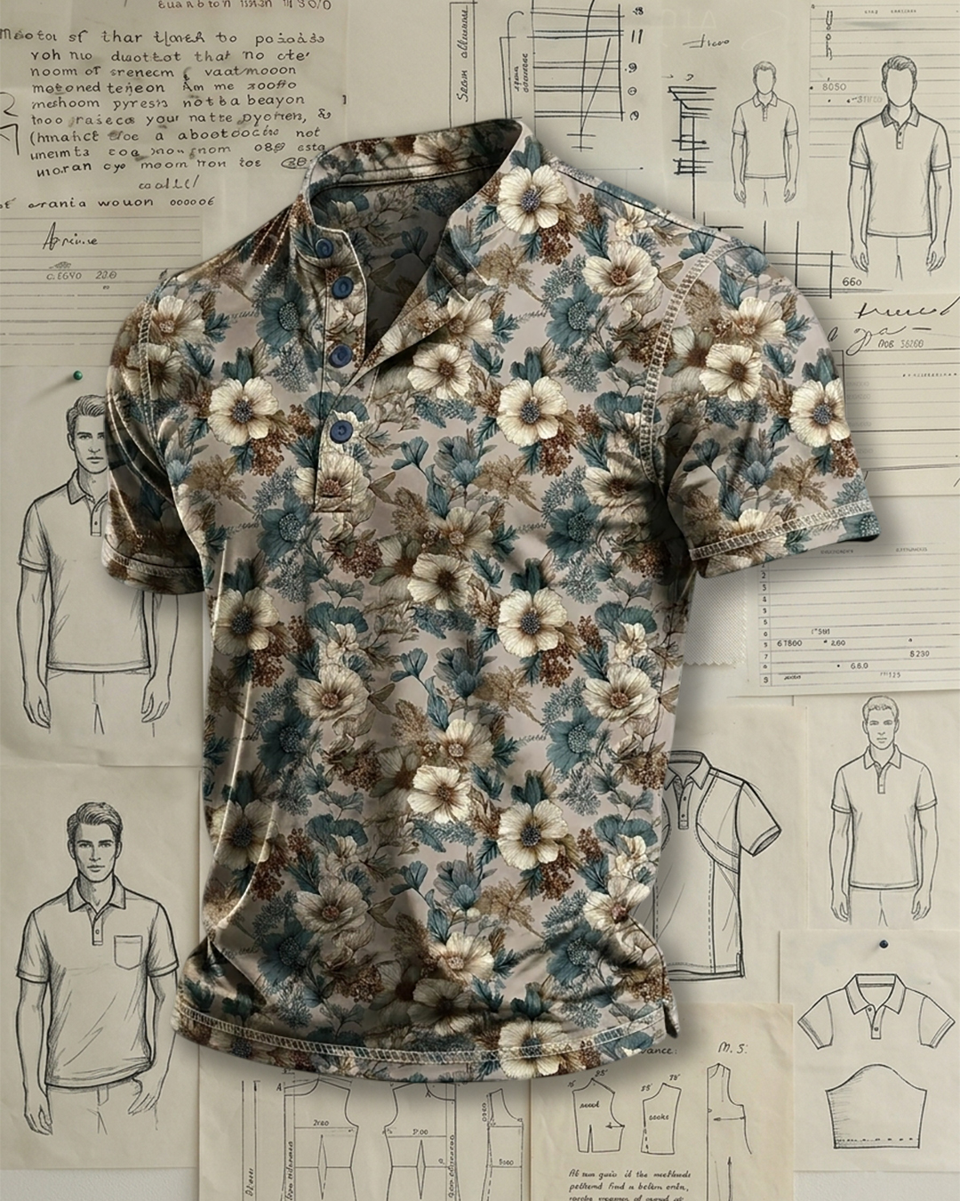 Men's Gray-Blue Beige Brown Daisies Floral Print Regular Fit Retro Vacation Casual Short Sleeve Stand Collar Henley Polo Shirt
