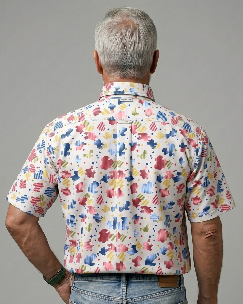 Men's White Base Multicolor Abstract Pixel Print Comfort Fit Playful Street Casual Short-Sleeve Button-Down Shirt