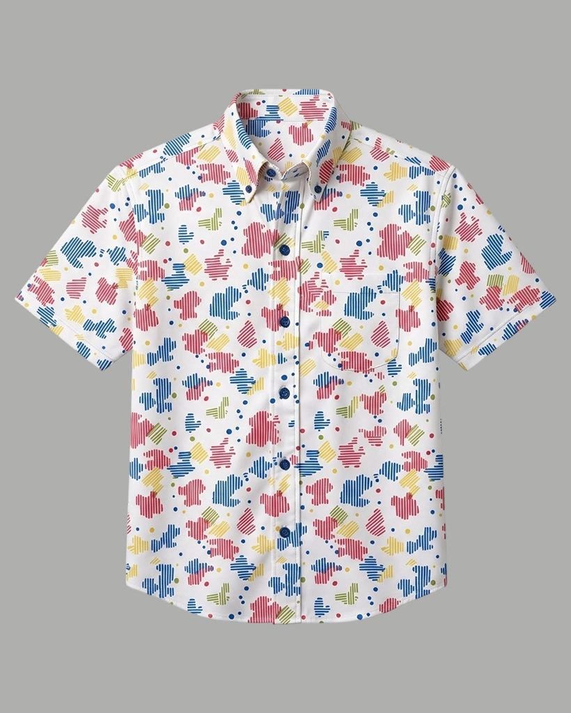 Men's White Base Multicolor Abstract Pixel Print Comfort Fit Playful Street Casual Short-Sleeve Button-Down Shirt