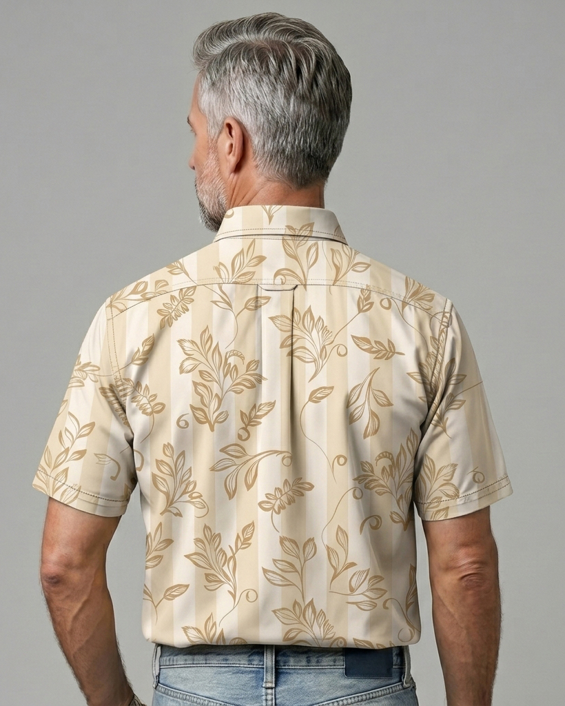 Men's Beige Base Stripe Vine Leaf Print Regular Fit Vintage Gentleman Casual Short-Sleeve Button-Down Shirt
