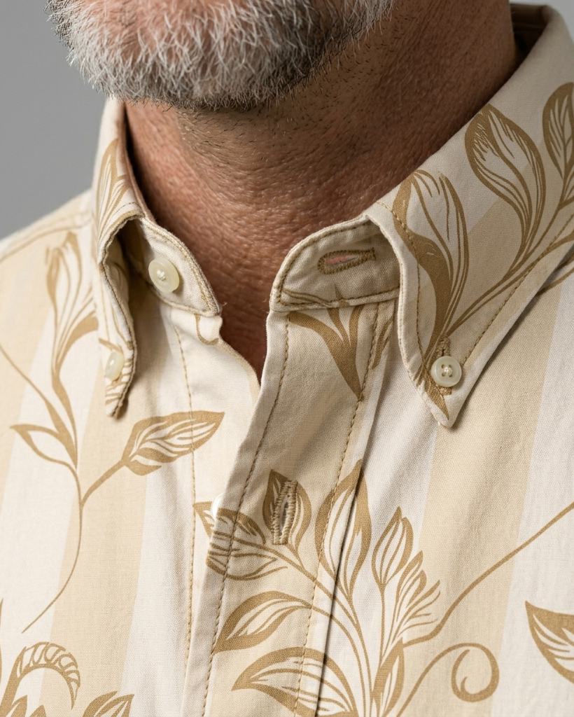 Men's Beige Base Stripe Vine Leaf Print Regular Fit Vintage Gentleman Casual Short-Sleeve Button-Down Shirt