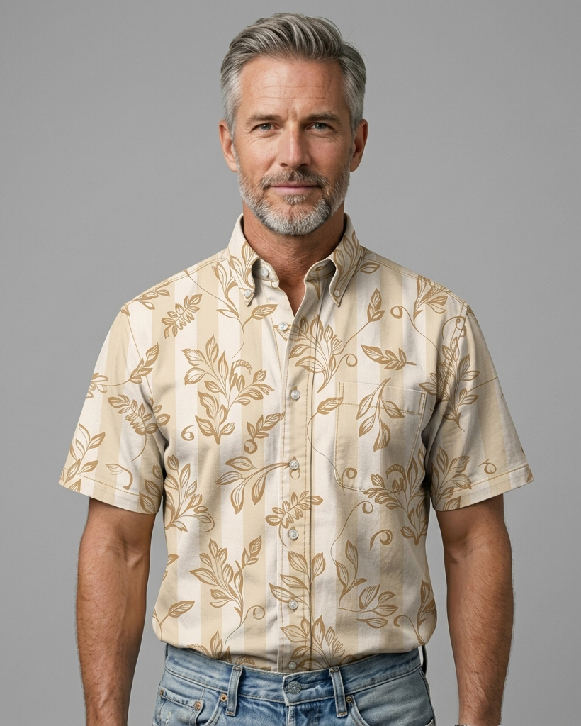 Men's Beige Base Stripe Vine Leaf Print Regular Fit Vintage Gentleman Casual Short-Sleeve Button-Down Shirt