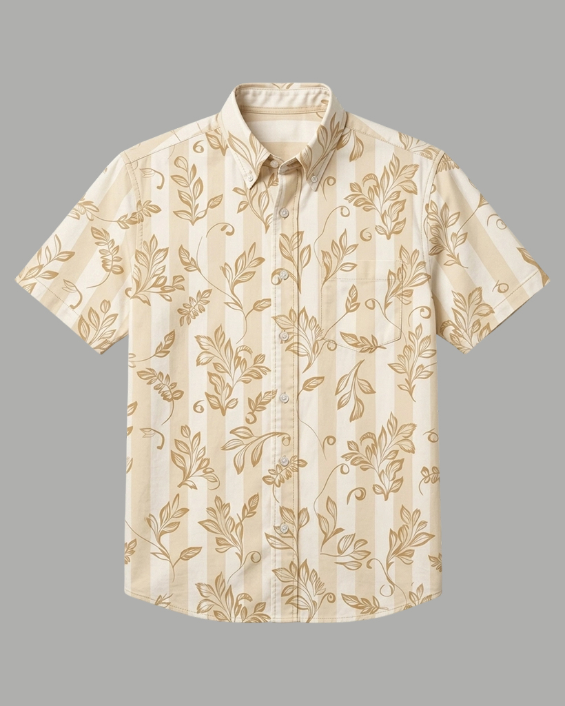 Men's Beige Base Stripe Vine Leaf Print Regular Fit Vintage Gentleman Casual Short-Sleeve Button-Down Shirt