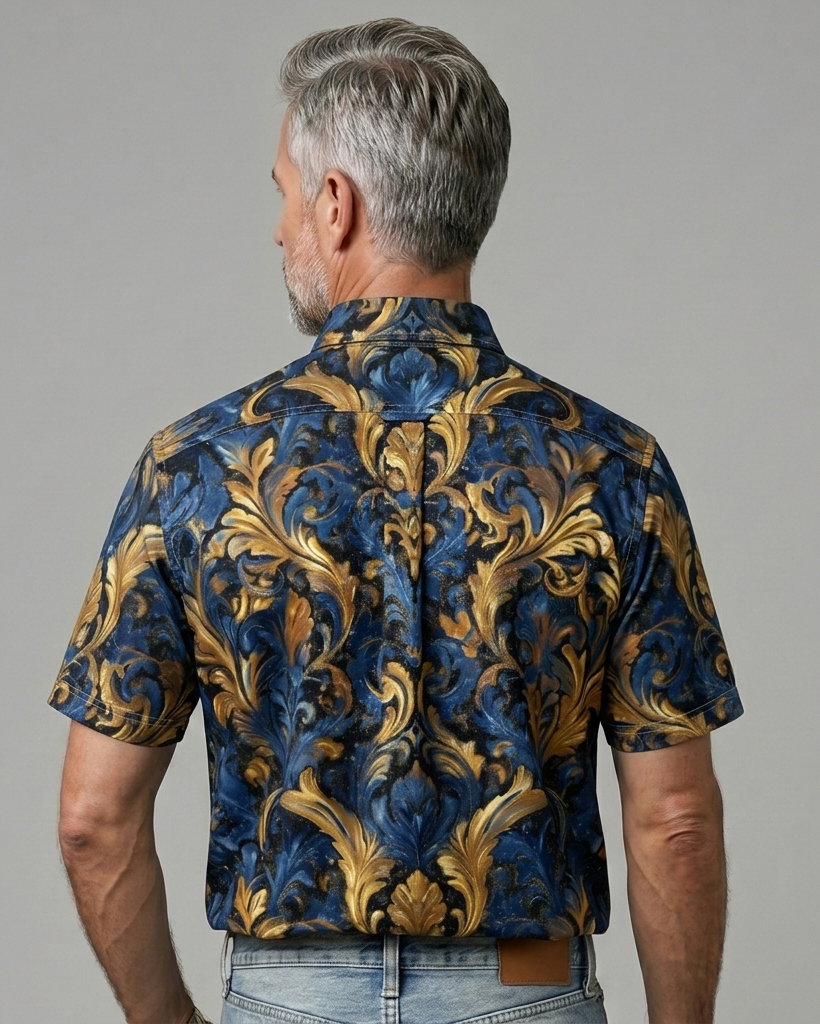Men's Navy Base Gold Blue Baroque Scroll Print Slim Fit Luxe Retro Elegant Short-Sleeve Button-Down Shirt