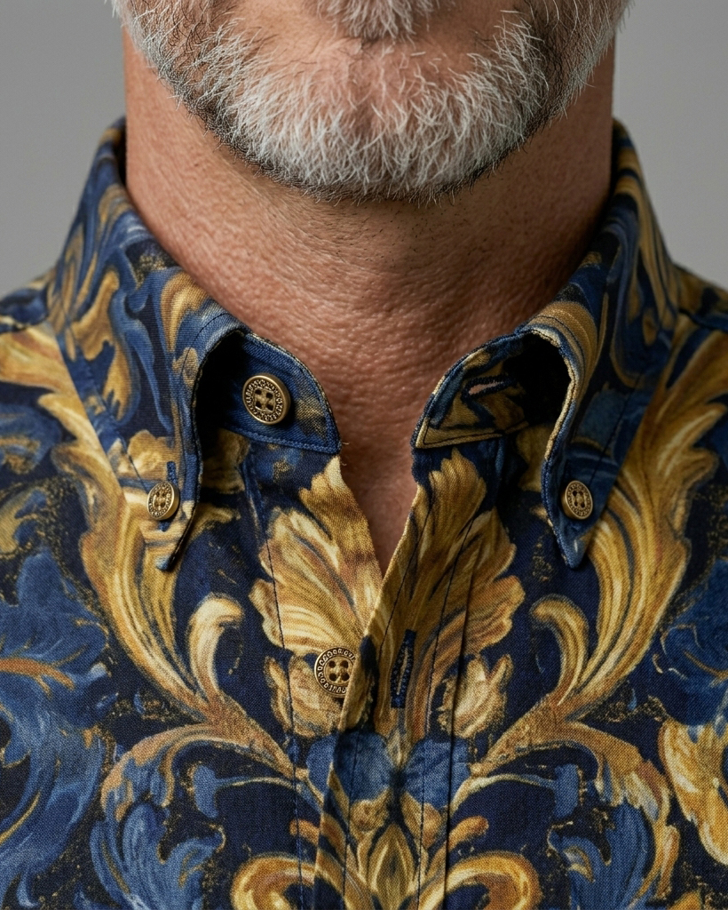 Men's Navy Base Gold Blue Baroque Scroll Print Slim Fit Luxe Retro Elegant Short-Sleeve Button-Down Shirt