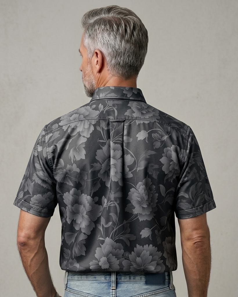 Men's Black Base Dark Grey Peony Floral Print Loose Fit Minimalist Muted Casual Short-Sleeve Button-Down Shirt