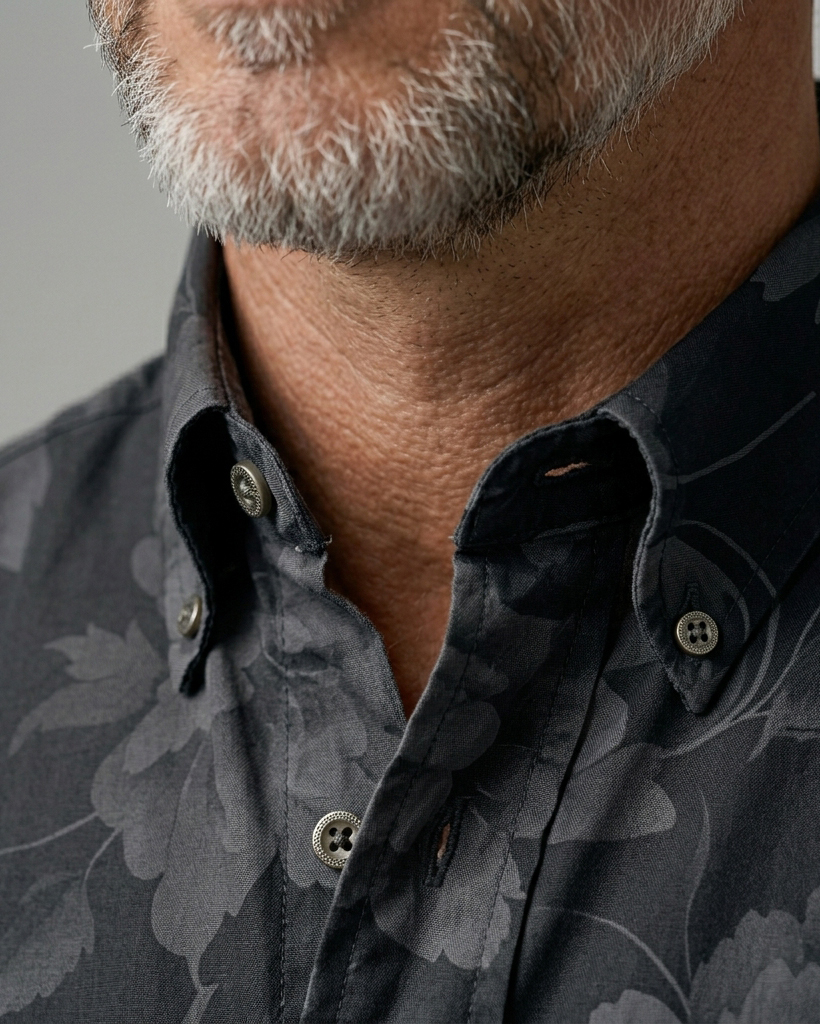Men's Black Base Dark Grey Peony Floral Print Loose Fit Minimalist Muted Casual Short-Sleeve Button-Down Shirt