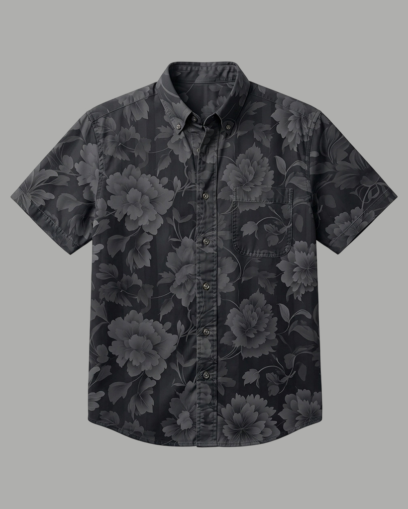 Men's Black Base Dark Grey Peony Floral Print Loose Fit Minimalist Muted Casual Short-Sleeve Button-Down Shirt