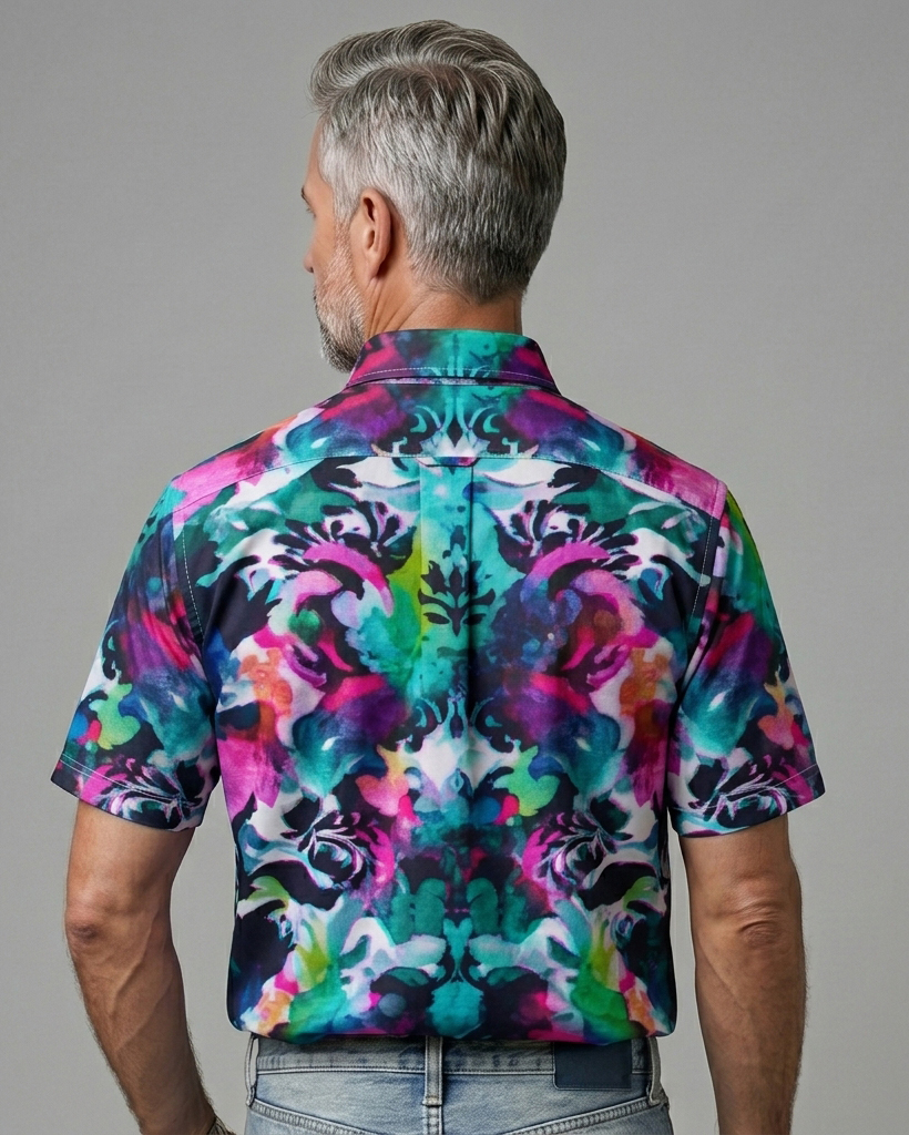 Men's Multicolor Ink Wash Baroque Floral Print Regular Fit Vibrant Artistic Casual Short-Sleeve Button-Down Shirt