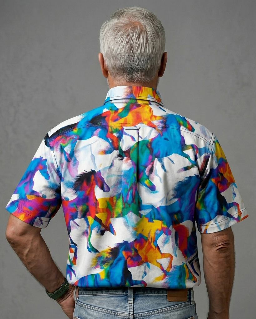 Men's White Base Vibrant Running Horse Print Regular Fit Street Art Casual Short-Sleeve Button-Down Shirt