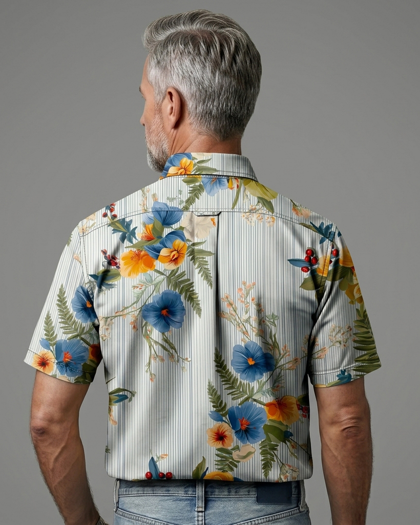 Men's Light Base Thin Vertical Stripe Tropical Floral Regular Fit Retro Casual Short-Sleeve Button-Down Shirt