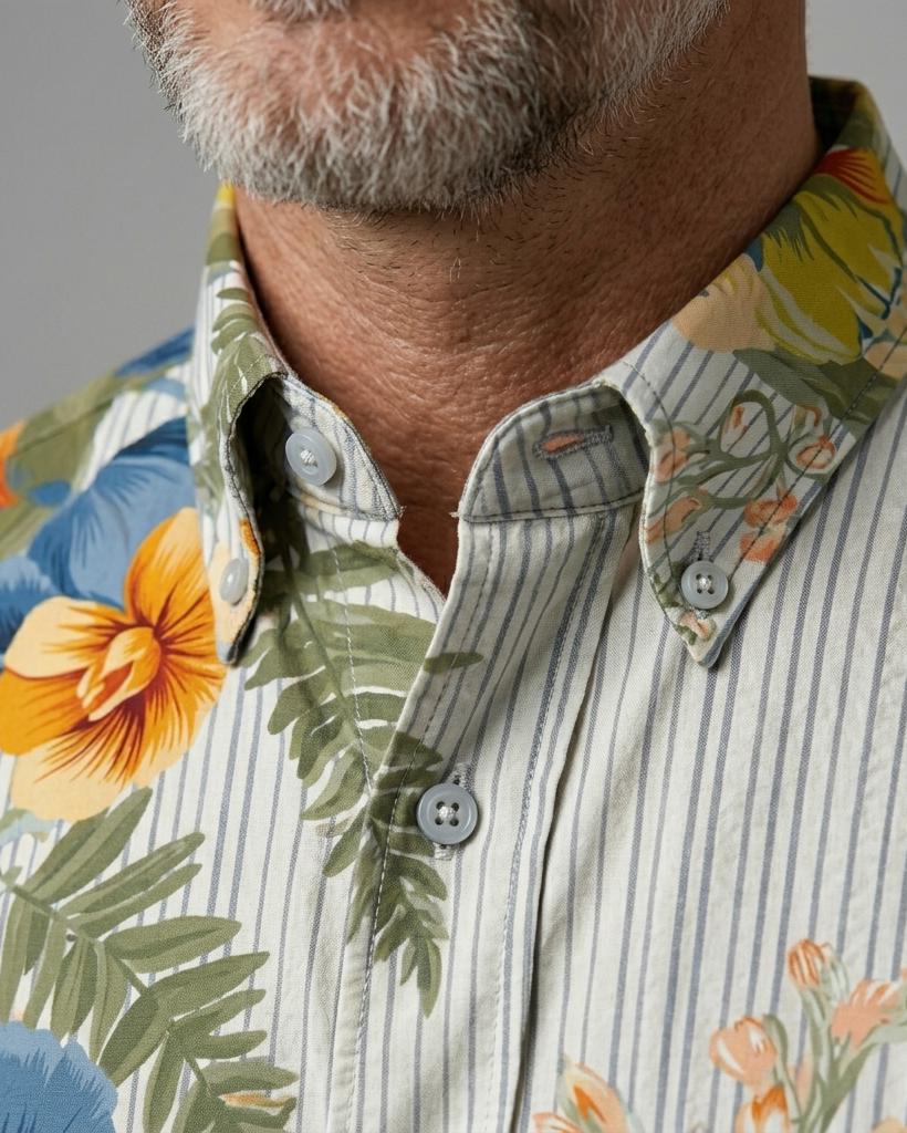 Men's Light Base Thin Vertical Stripe Tropical Floral Regular Fit Retro Casual Short-Sleeve Button-Down Shirt