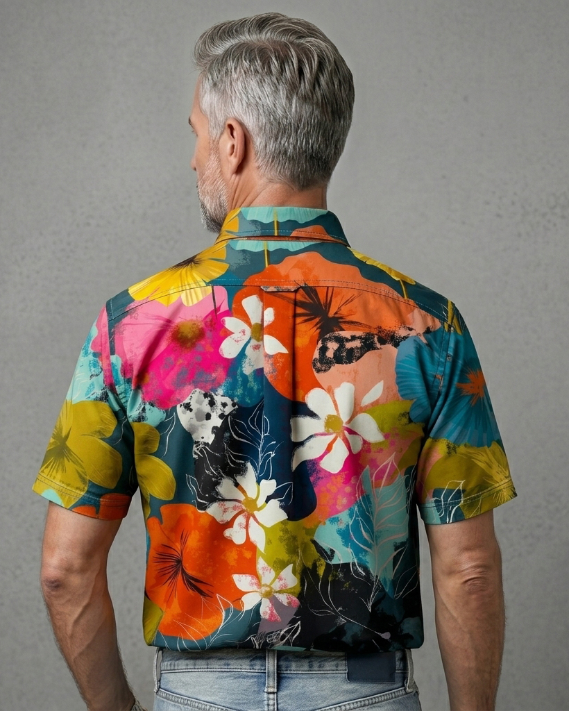 Men's Multicolor Block Abstract Floral Regular Fit Retro Hawaiian Casual Short-Sleeve Button-Down Shirt