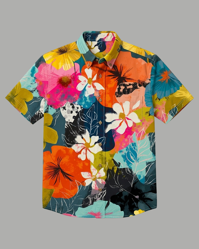 Men's Multicolor Block Abstract Floral Regular Fit Retro Hawaiian Casual Short-Sleeve Button-Down Shirt