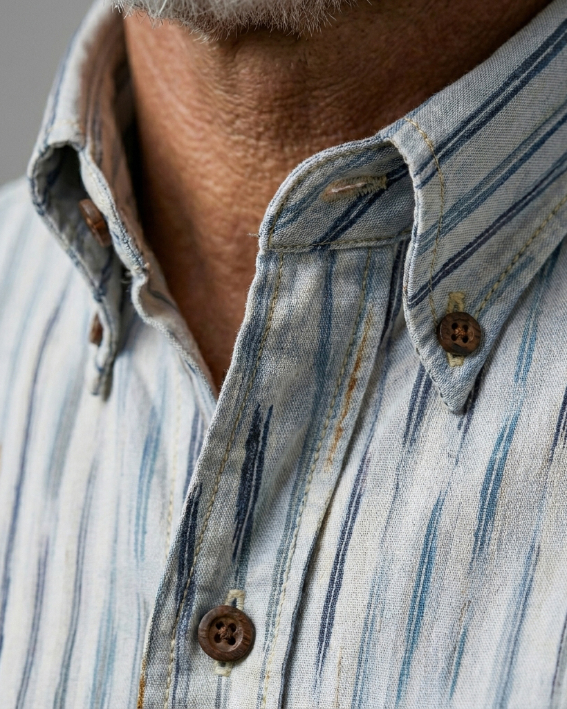 Men's Beige Base Blue Brown Brushed Vertical Stripe Regular Fit Vintage Workwear Casual Short-Sleeve Button-Down Shirt