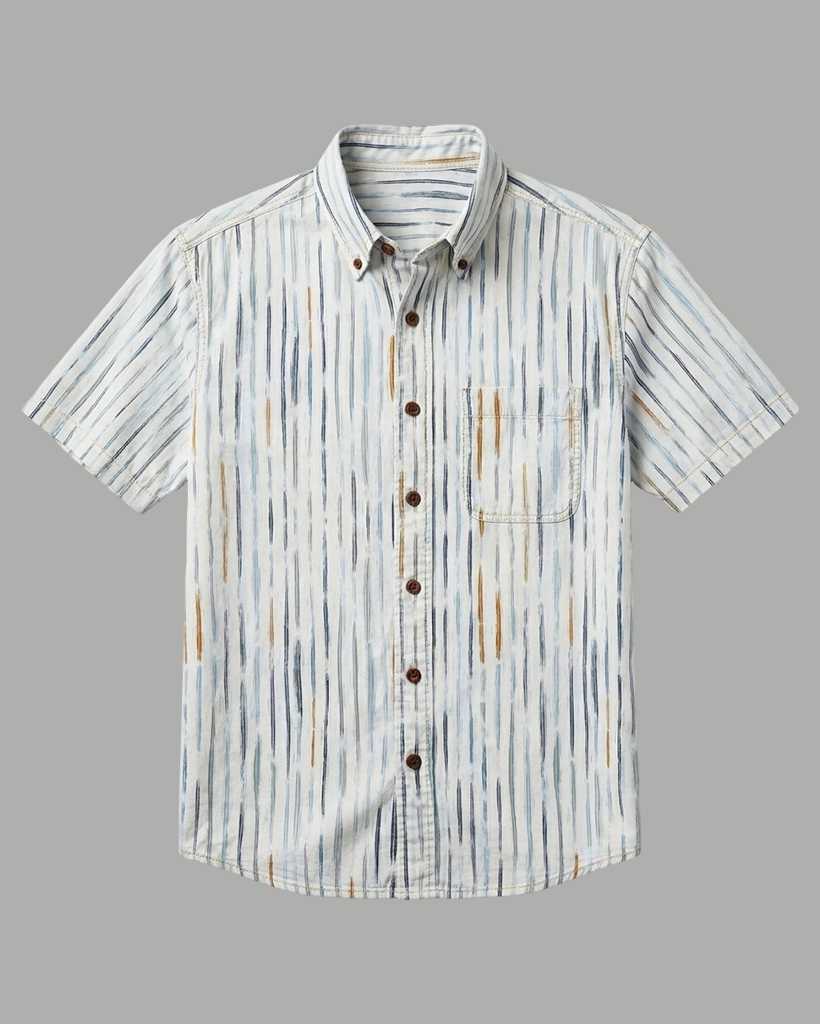 Men's Beige Base Blue Brown Brushed Vertical Stripe Regular Fit Vintage Workwear Casual Short-Sleeve Button-Down Shirt