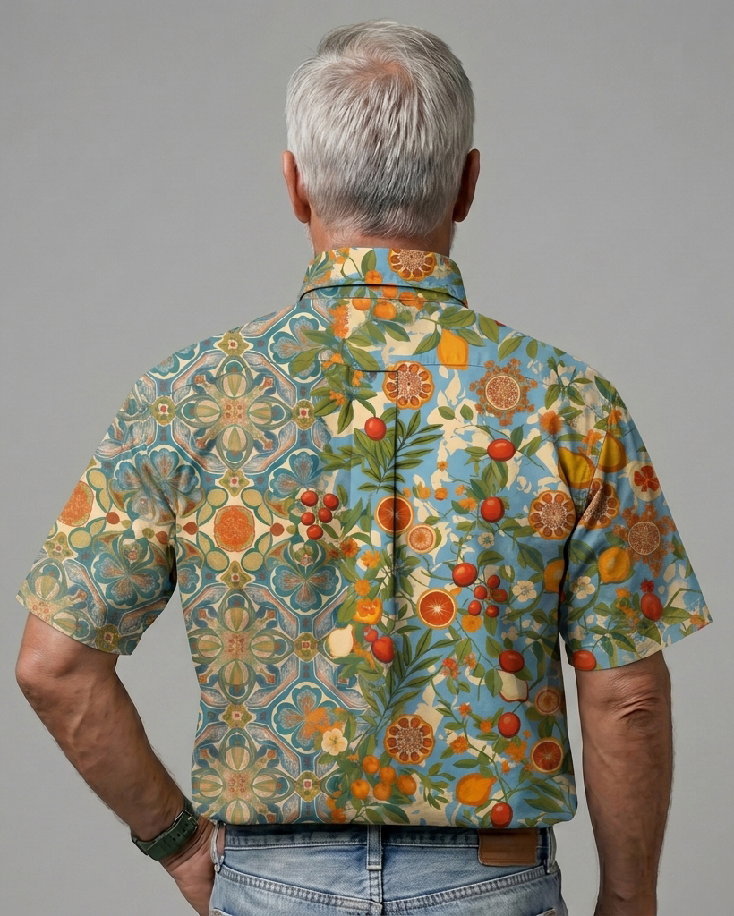 Men's Light Blue Base Mediterranean Tile Citrus Floral Regular Fit Vintage Vacation Casual Short-Sleeve Button-Down Shirt