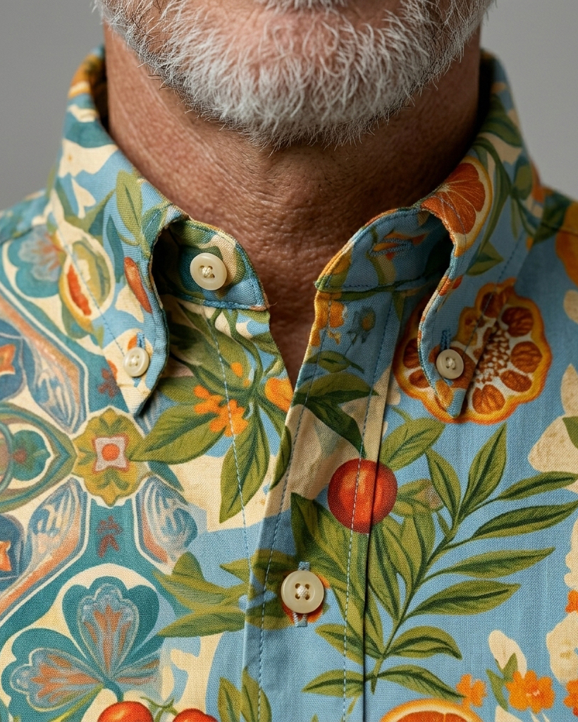 Men's Light Blue Base Mediterranean Tile Citrus Floral Regular Fit Vintage Vacation Casual Short-Sleeve Button-Down Shirt