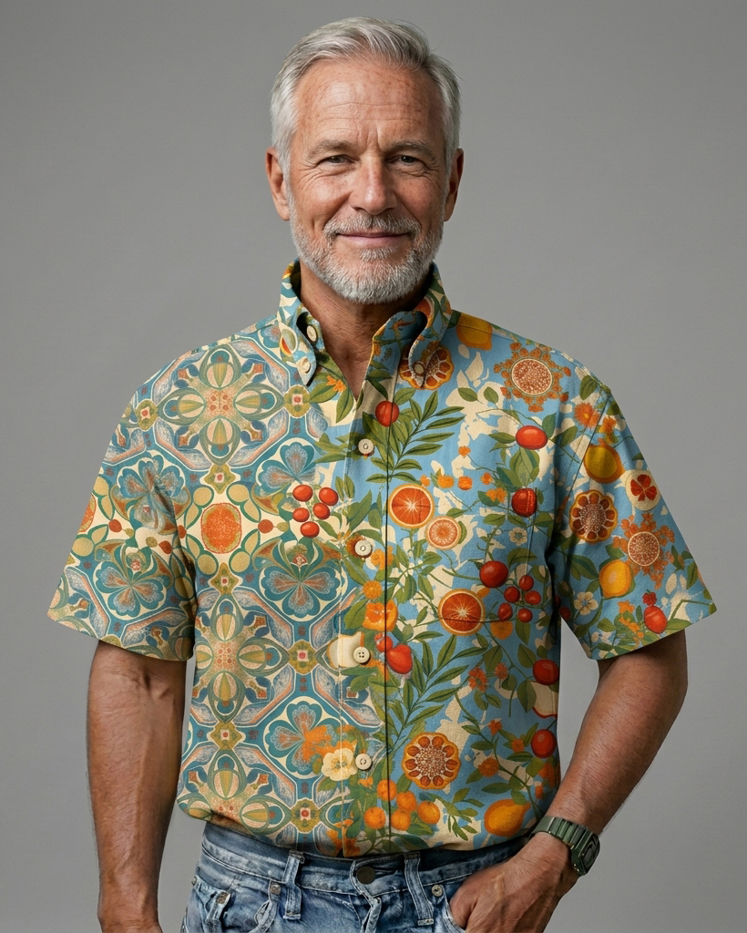 Men's Light Blue Base Mediterranean Tile Citrus Floral Regular Fit Vintage Vacation Casual Short-Sleeve Button-Down Shirt