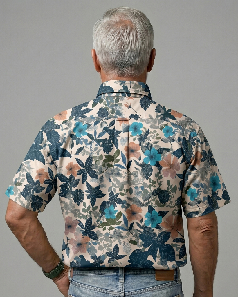 Men's Cream Base Blue Coral Leaf Floral Regular Fit Fresh Botanical Casual Short-Sleeve Button-Down Shirt