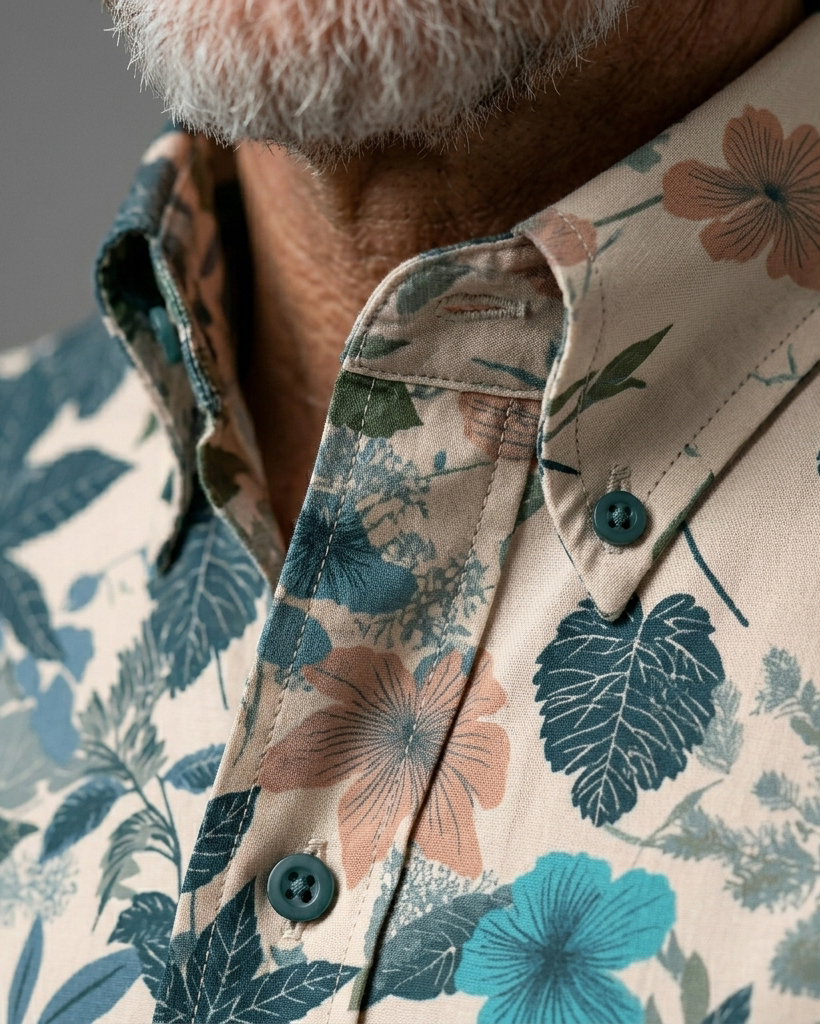 Men's Cream Base Blue Coral Leaf Floral Regular Fit Fresh Botanical Casual Short-Sleeve Button-Down Shirt