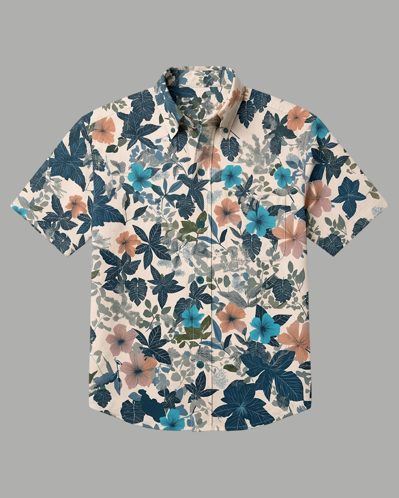 Men's Cream Base Blue Coral Leaf Floral Regular Fit Fresh Botanical Casual Short-Sleeve Button-Down Shirt