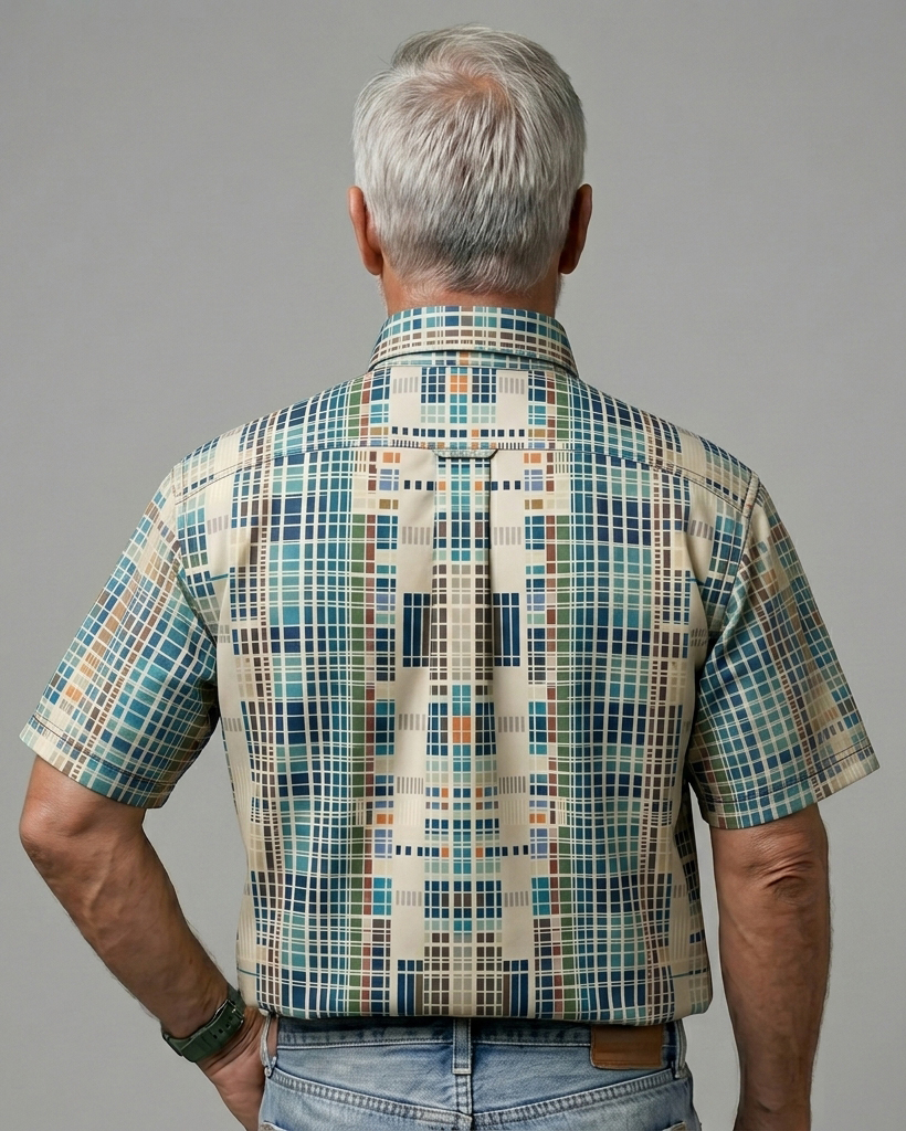 Men's Beige Base Blue Green Orange Mosaic Plaid Regular Fit Retro Workwear Casual Short-Sleeve Button-Down Shirt