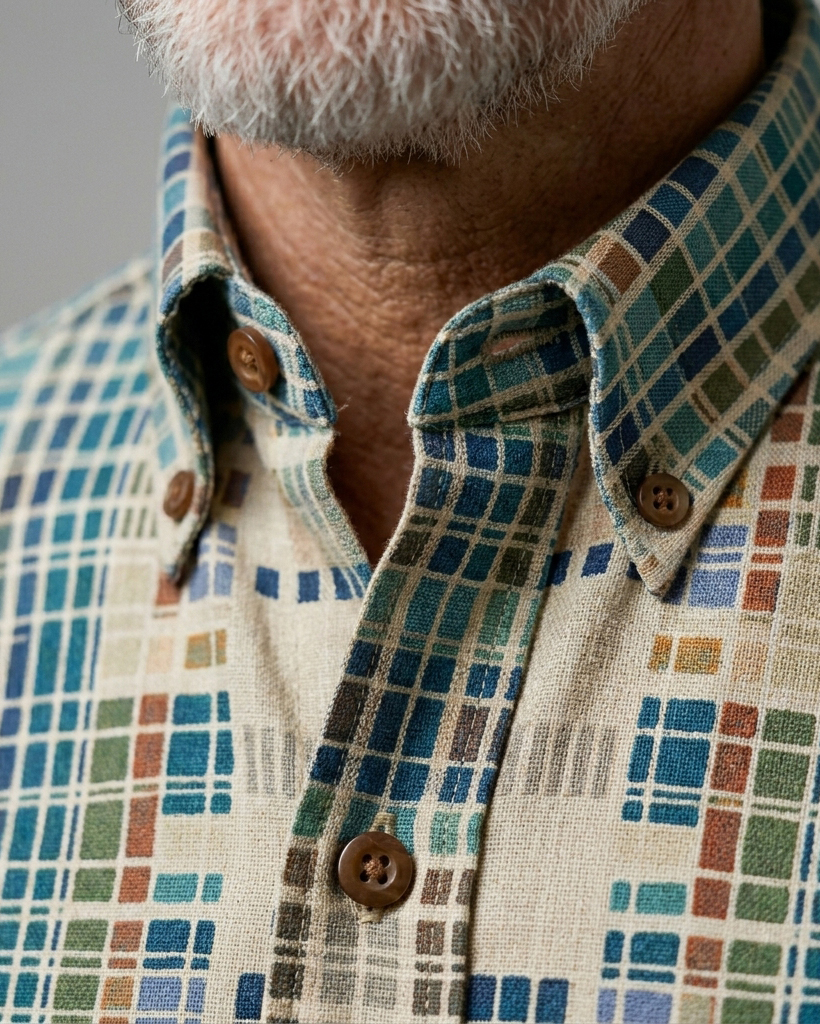Men's Beige Base Blue Green Orange Mosaic Plaid Regular Fit Retro Workwear Casual Short-Sleeve Button-Down Shirt