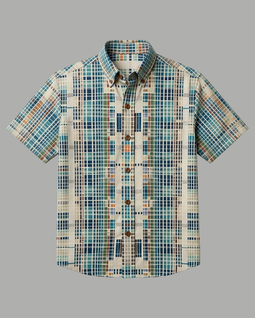Men's Beige Base Blue Green Orange Mosaic Plaid Regular Fit Retro Workwear Casual Short-Sleeve Button-Down Shirt