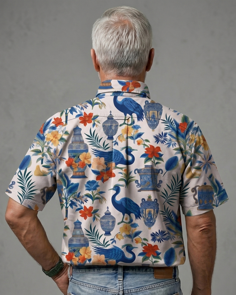 Men's Beige Base Blue Porcelain Crane Floral Regular Fit Oriental Tropical Casual Short-Sleeve Button-Down Shirt