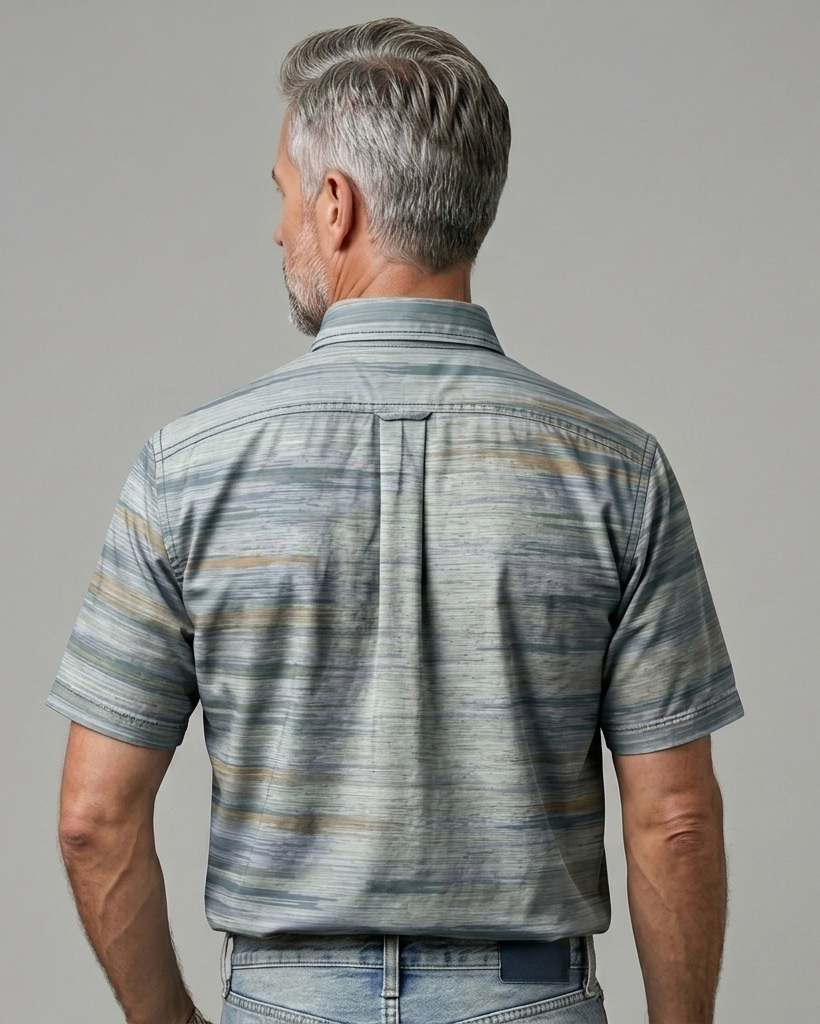 Men's Misty Blue Khaki Washed Stripes Regular Fit Retro Linen Casual Short-Sleeve Button-Down Shirt
