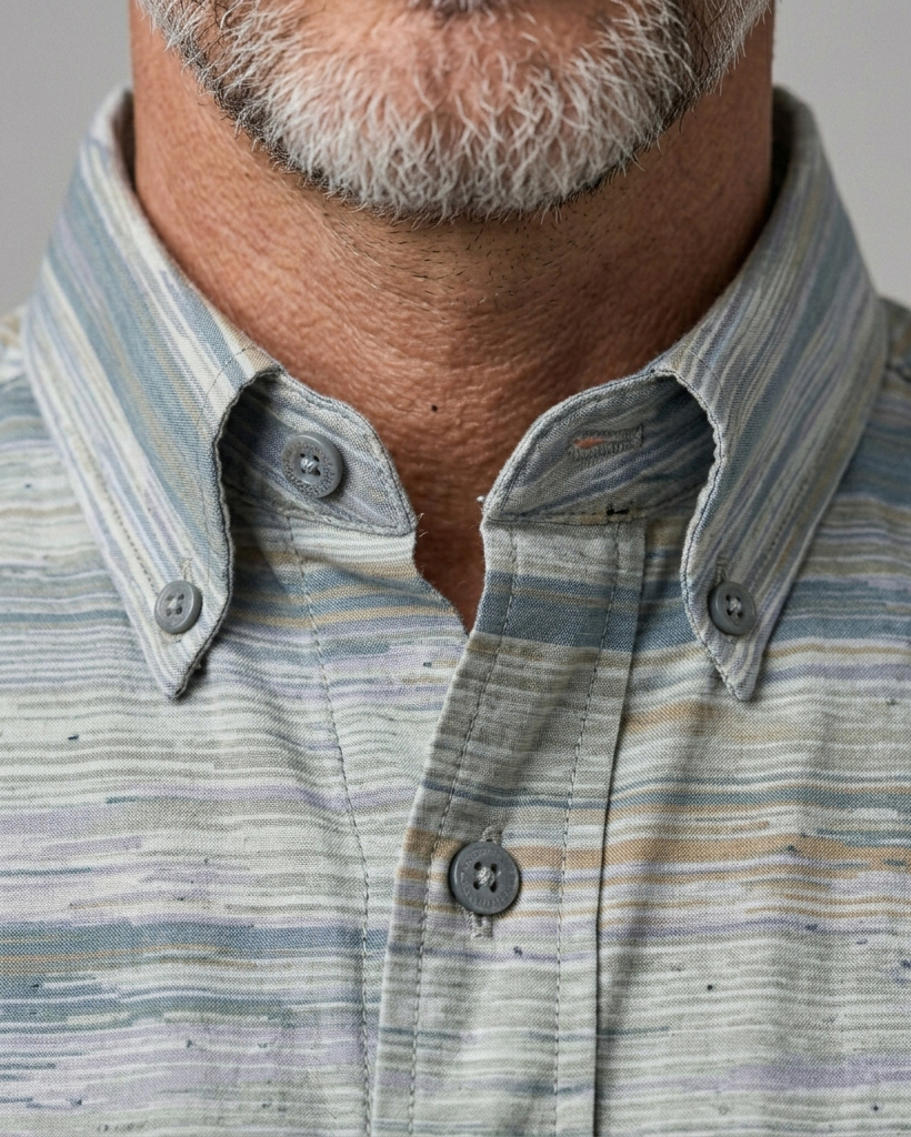 Men's Misty Blue Khaki Washed Stripes Regular Fit Retro Linen Casual Short-Sleeve Button-Down Shirt