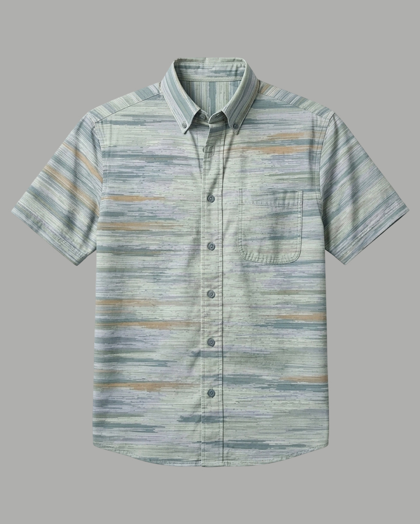 Men's Misty Blue Khaki Washed Stripes Regular Fit Retro Linen Casual Short-Sleeve Button-Down Shirt