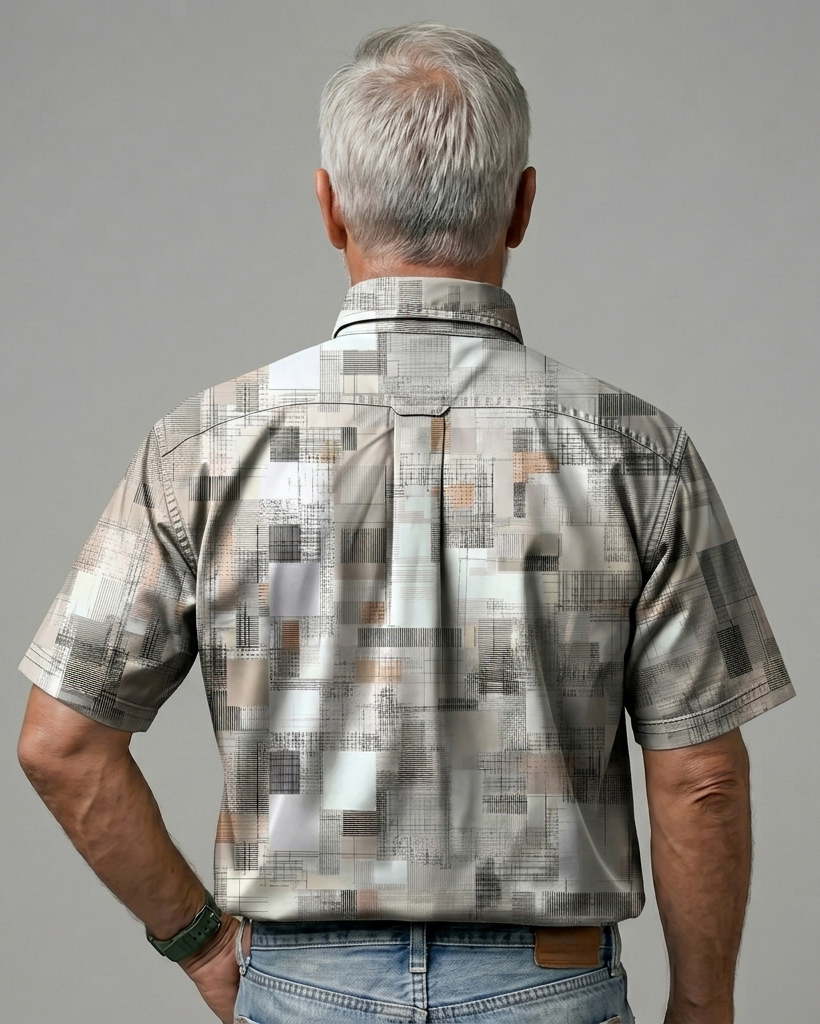 Men's Ash Khaki Mosaic Geometric Regular Fit Retro Art Casual Short-Sleeve Button-Down Shirt