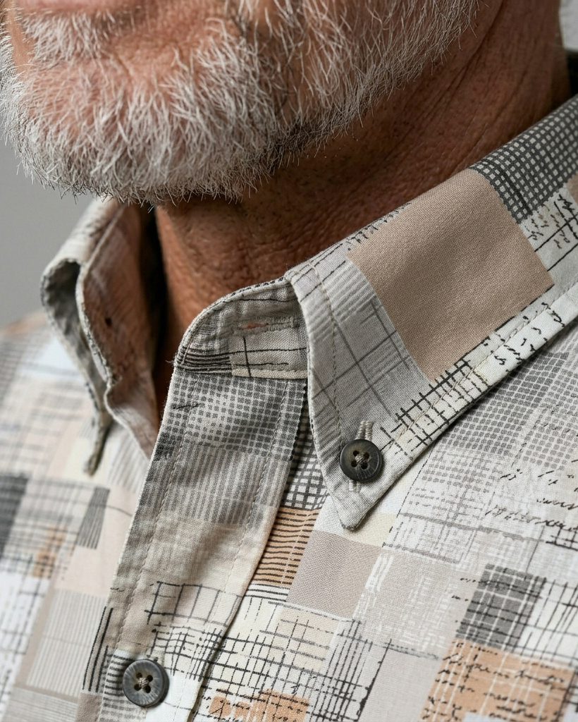 Men's Ash Khaki Mosaic Geometric Regular Fit Retro Art Casual Short-Sleeve Button-Down Shirt