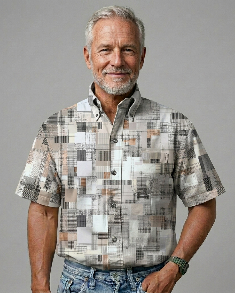 Men's Ash Khaki Mosaic Geometric Regular Fit Retro Art Casual Short-Sleeve Button-Down Shirt