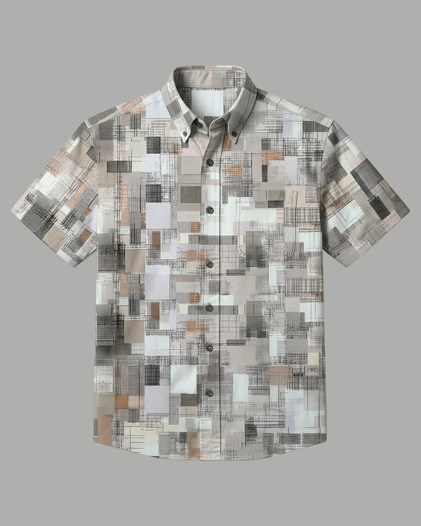 Men's Ash Khaki Mosaic Geometric Regular Fit Retro Art Casual Short-Sleeve Button-Down Shirt