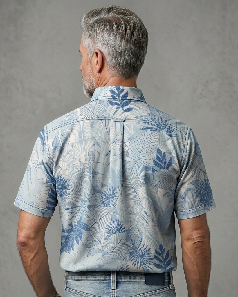 Men's Light Blue beiga Tropical Leaf Regular Fit Casual Vacation Short-Sleeve Button-Down Shirt