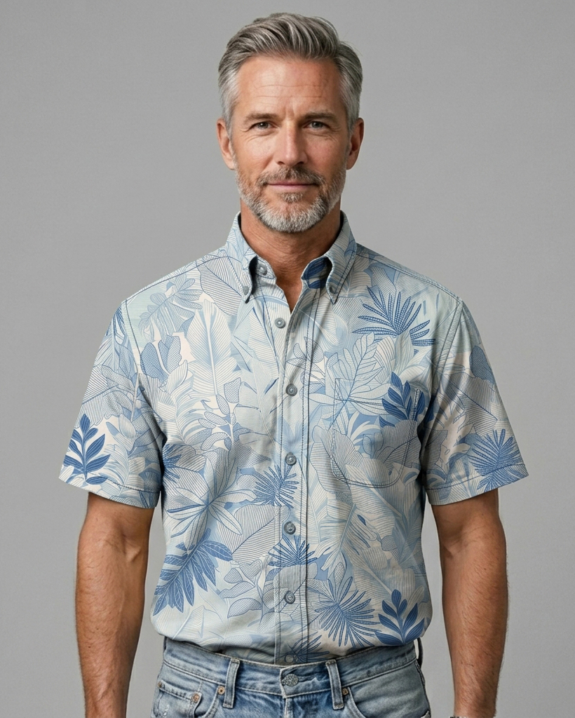 Men's Light Blue beiga Tropical Leaf Regular Fit Casual Vacation Short-Sleeve Button-Down Shirt