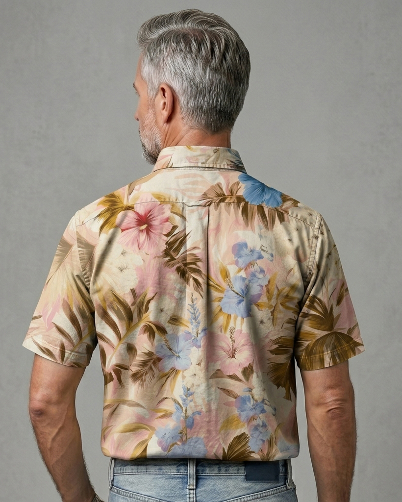 Men's Creamy Pastel Tropical Floral Regular Fit Aloha Vacation Short-Sleeve Button-Down Shirt