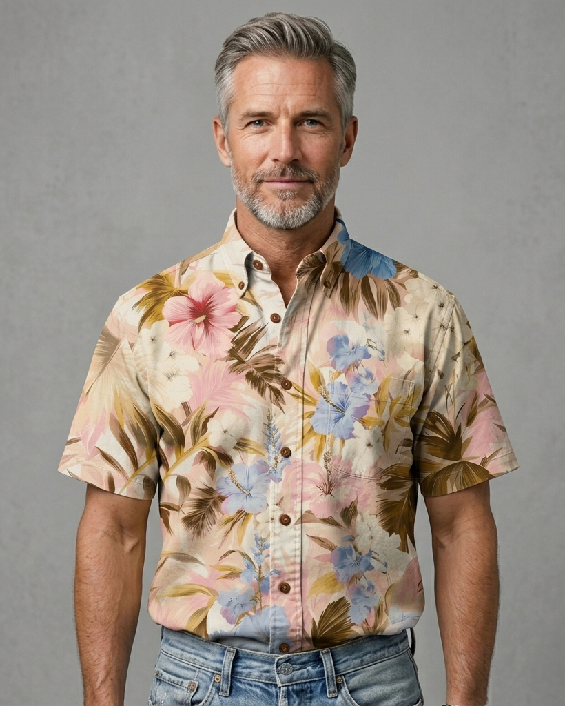 Men's Creamy Pastel Tropical Floral Regular Fit Aloha Vacation Short-Sleeve Button-Down Shirt