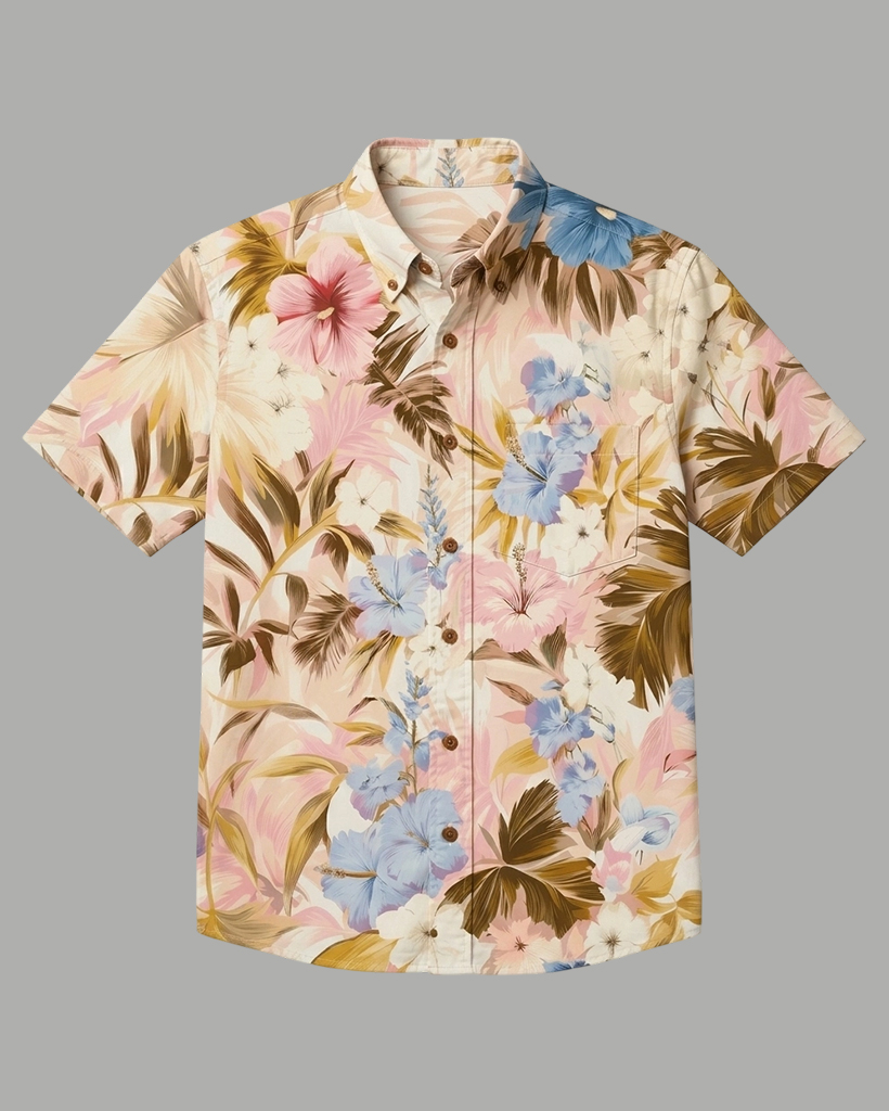Men's Creamy Pastel Tropical Floral Regular Fit Aloha Vacation Short-Sleeve Button-Down Shirt